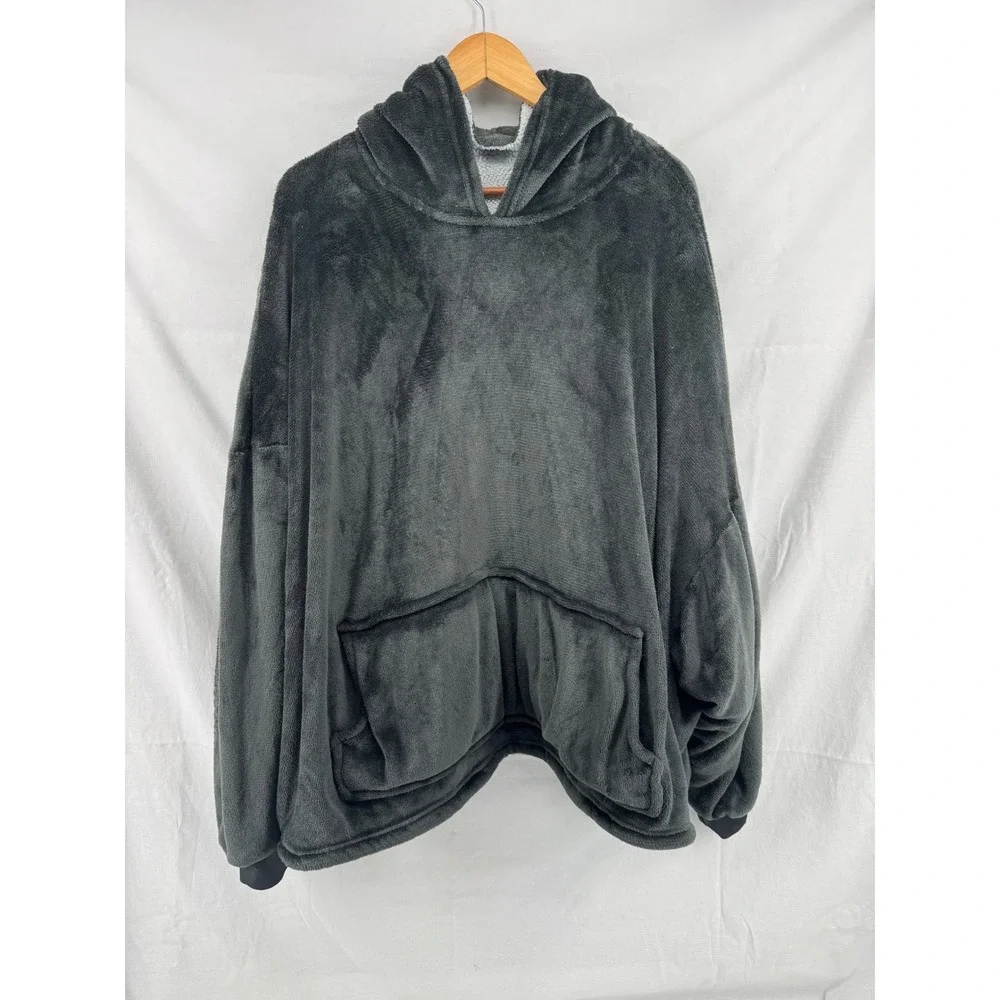 Huggle Hoodie Oversized Wearable Blanket Charcoal Gray Plush Fleece Reversible